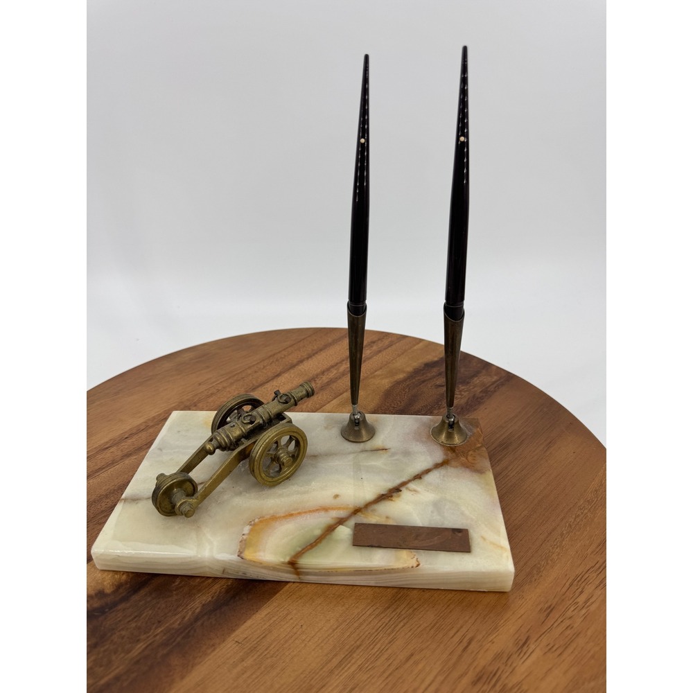 Vintage Onyx Marble Desk Set Brass Cannon Double Pen Stand Executive Office